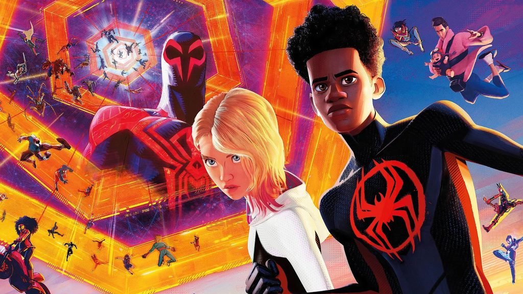 Poster oficial Homem-Aranha Através do Aranhaverso 2023 Miles Morales Gwen Stacy Miguel O'Hara 2099 multiverso colorido animação Sony Marvel