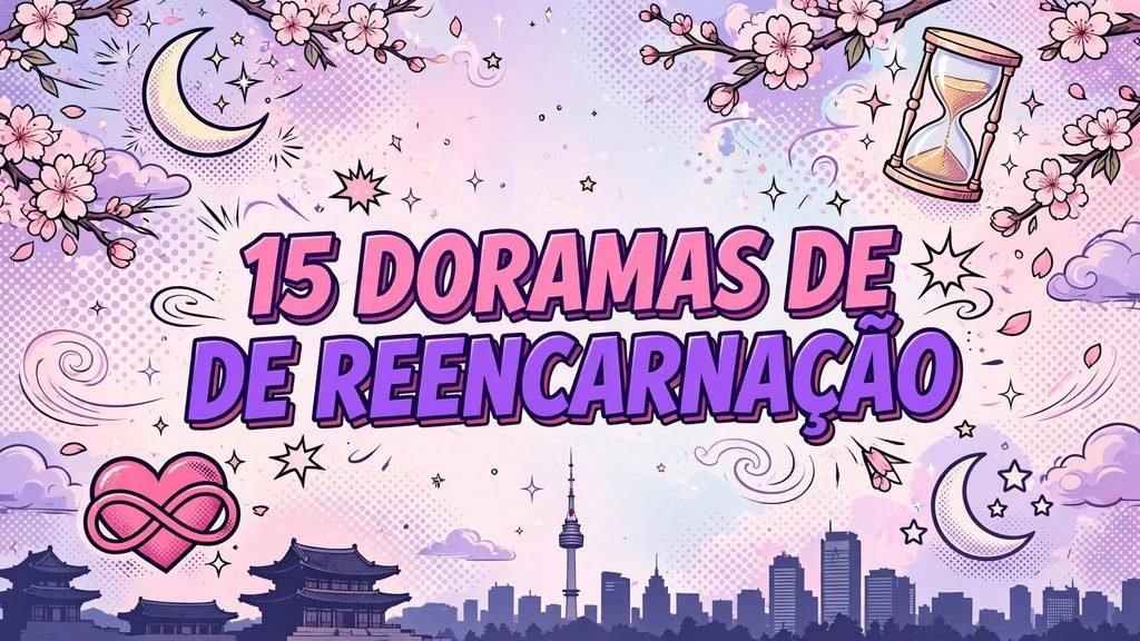 15 doramas de reencarnacao lista completa - imagem com lua, ampulheta, cerejeiras e simbolo de amor infinito em estilo k-drama romantico