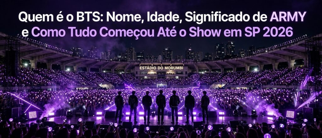 Quem é o BTS: nome, idade e significado de ARMY com 7 membros no palco do Estádio do Morumbi em São Paulo no show ARIRANG 2026 com mar de Army Bomb roxo
