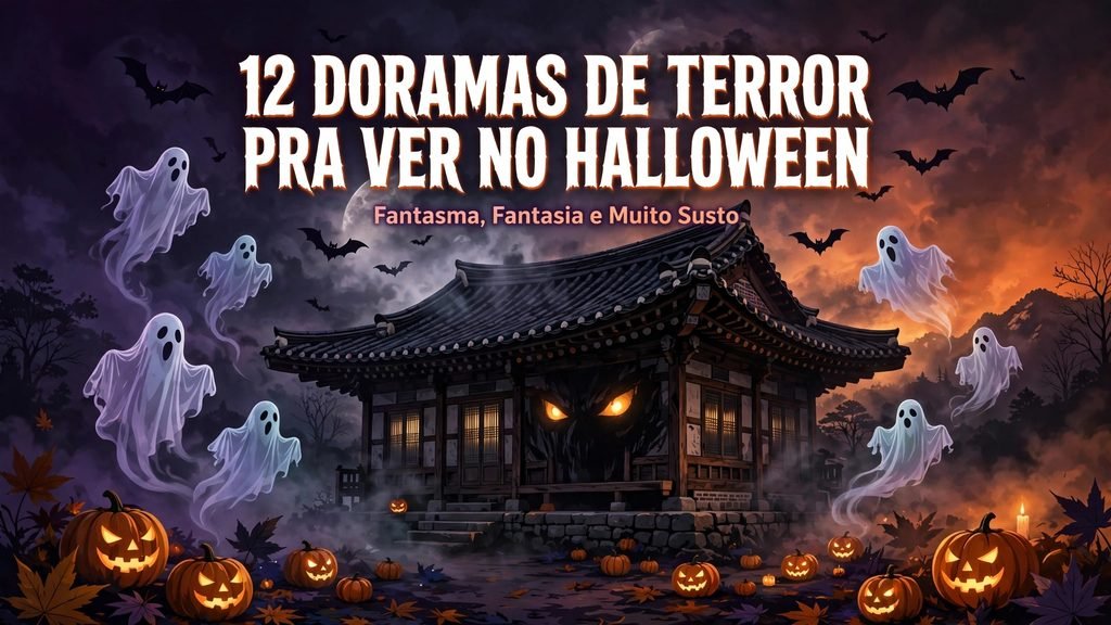 12 doramas de terror, fantasma e fantasia para ver no Halloween 2026 - casa coreana assombrada com fantasmas, abóboras e morcegos