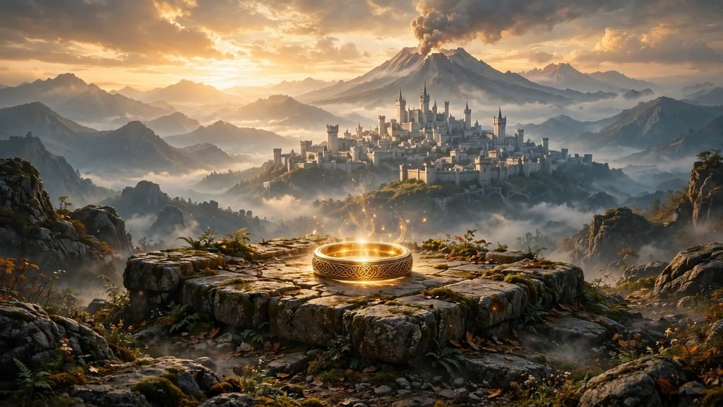 onde assistir senhor dos aneis em 2026 ordem correta completa anel dourado brilhando sobre altar de pedra com castelo branco gondor ao fundo e vulcão montanha da perdição fumegante paisagem epica fantasia